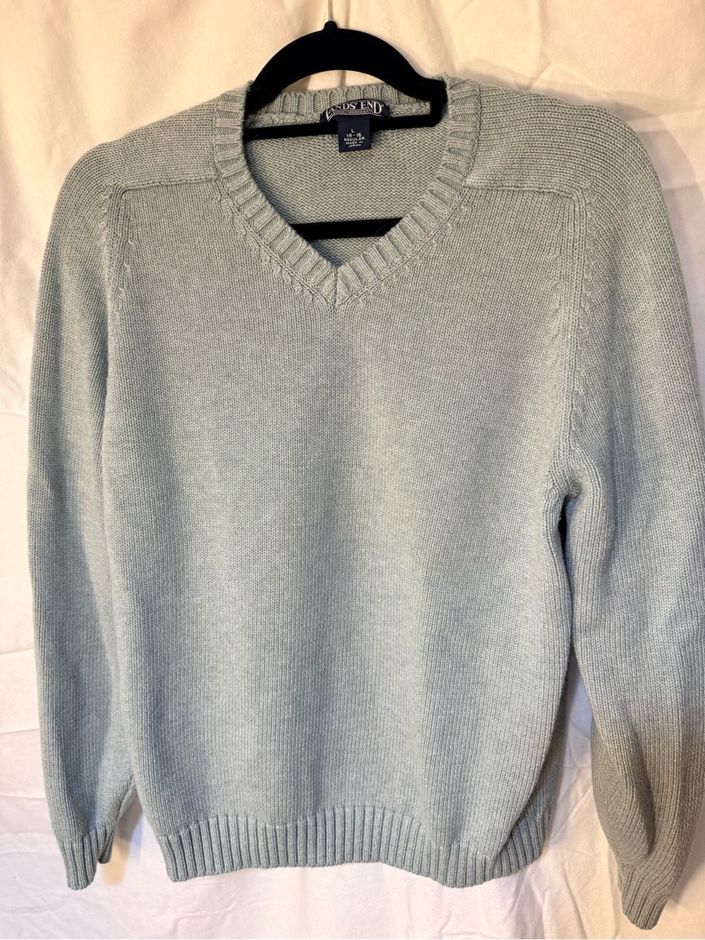 Lands' End sage V-Neck cotton Sweater vintage classic winter fall preppy cozy Lg